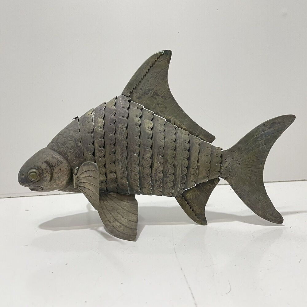 Antique Bronze Fish Statue 8” Detail Craftsman Made Figure RARE W/ Moving Body